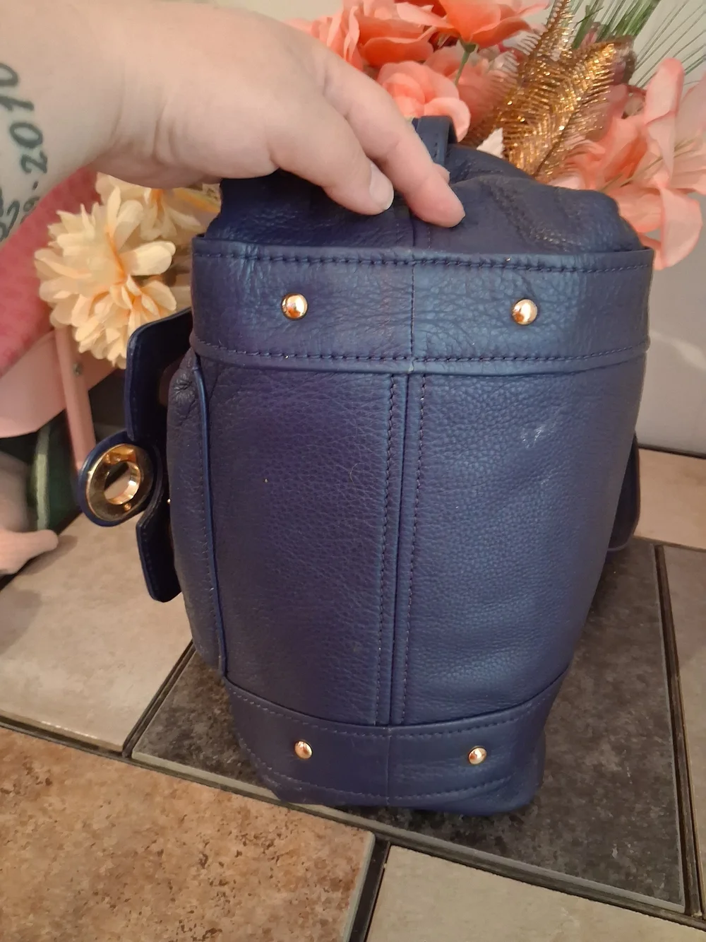 Michael Kors Navy Leather Slouchy Barrel Bag with Gold Hardware